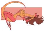  2023 anthro big_breasts breasts brown_hair clothing female footwear footwear_only grabbing_own_breast hair hi_res long_hair long_neck long_tail lying mostly_nude nipples nude reptile ruby_(nutjobgto) sblitos scalie signature simple_background snake solo spread_legs spreading tail 