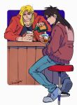  2boys alcohol bar_(place) bar_stool black_eyes black_hair black_shirt blonde_hair blue_footwear blue_pants brown_jacket chain chain_necklace cigarette closed_mouth commentary_request counter cup frown full_body gold_chain highres holding holding_cup ice ice_cube inudori itou_kaiji jacket jewelry kaiji kitami_(kaiji) long_hair long_sleeves looking_at_viewer looking_back male_focus medium_bangs multiple_boys necklace open_clothes open_jacket pants parted_bangs pouring red_jacket shirt shoes smile smoke smoking sneakers stool v-shaped_eyebrows whiskey 