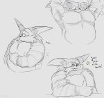  anthro belly big_the_cat blush clothing domestic_cat english_text felid feline felis flexing fur gloves handwear hi_res male mammal musclegut muscular_arms newtmoss pecs sega shy solo sonic_the_hedgehog_(series) striped_body striped_fur stripes text 