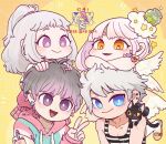  2boys 2girls :d black_cat blue_eyes cat closed_mouth feathered_wings grey_hair hand_on_another&#039;s_head highres hua_hua_de_meme jacket long_hair looking_at_viewer multiple_boys multiple_girls on_person original pink_eyes pink_jacket ponytail purple_eyes smile star_(symbol) striped_tank_top tank_top upper_body watermark white_hair white_wings wings yellow_background yellow_eyes 