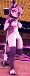  3d_(artwork) breasts canid canid_demon clothing demon digital_media_(artwork) female genitals grin hellhound helluva_boss hi_res inside legwear looking_at_viewer loona_(helluva_boss) mammal nude pole pussy red_eyes senthaurekmern sharp_teeth smile solo teeth 