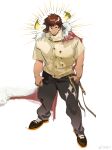  1boy absurdres alternate_costume animal_ears bara brown_eyes brown_hair cape cow_boy cow_ears cow_horns dark-skinned_male dark_skin diamond_(shape) dichuan_(arriverw) eye_black facial_hair fiery_horns forked_eyebrows full_body fur-trimmed_cape fur_trim glowing_horns goatee halo_behind_head highres horns large_pectorals looking_at_viewer male_focus muscular muscular_male pectorals raised_eyebrows shoes short_hair short_sleeves sneakers solo thick_eyebrows tokyo_afterschool_summoners wakan_tanka 