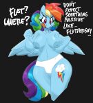  2023 absurd_res angry anthro anthrofied areola blue_areola blue_body blue_feathers blue_nipples bottomwear clothed clothing cutie_mark dialogue english_text equid equine feathered_wings feathers female flutterthrash friendship_is_magic hair hasbro hi_res mammal multicolored_hair multicolored_tail my_little_pony navel nipples open_mouth panties pegasus pink_eyes rainbow_dash_(mlp) rainbow_hair rainbow_tail solo tail text topless underwear wings 