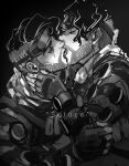  2boys apex_legends bara beard clone eyebrow_cut facial_hair fingerless_gloves french_kiss from_side gloves goggles goggles_on_head greyscale karipaku kiss male_focus mature_male mirage_(apex_legends) monochrome multiple_boys saliva selfcest thick_eyebrows upper_body 