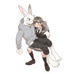  2023 anthro blush bridal_carry carrying clothing duo eye_contact female fur hi_res human lagomorph leporid looking_at_another male male/female mammal ng_hus rabbit school_uniform shaking simple_background trembling uniform white_background white_body white_fur 