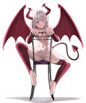  1girl breasts chair demon_girl demon_horns demon_tail demon_wings fangs highres horns jourd4n long_hair looking_at_viewer navel original red_eyes red_horns revealing_clothes sitting small_breasts solo tail white_hair wings 