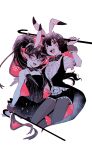 2girls absurdres alternate_costume animal_ears black_hair bow bowtie cane commentary_request fangs glasses highres hoicyo holding holding_cane hoozuki_no_reitetsu horns long_hair looking_at_viewer miki_(hoozuki_no_reitetsu) mole mole_under_eye multiple_girls oni oni_horns open_mouth peach_maki playboy_bunny ponytail rabbit_ears short_hair short_sleeves slit_pupils smile 