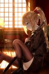  1girl a0lp black_thighhighs blonde_hair blue_eyes bow brown_jacket chair from_side highres indoors jacket long_hair original pencil_skirt ponytail red_bow sheath sheathed skirt solo sunlight sword table thighhighs thighs weapon window 