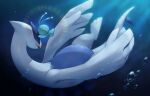 air_bubble asphyxiation bubble closed_eyes closed_mouth commentary drowning fang full_body glowing highres hug kemonomichi_(blue_black) lugia manaphy no_humans pokemon pokemon_(creature) skin_fang smile submerged sunlight underwear 