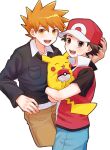  2boys :d black_jacket blue_oak brown_eyes brown_hair collared_shirt commentary_request hand_up hat highres holding holding_pokemon jacket male_focus mochi_(mocchi_p_2m) multiple_boys open_mouth pants pikachu poke_ball poke_ball_(basic) pokemon pokemon_(creature) pokemon_(game) pokemon_hgss red_(pokemon) red_headwear shirt short_hair short_sleeves smile spiked_hair t-shirt teeth upper_teeth_only vest white_background white_shirt 