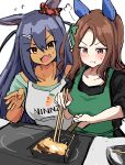  2girls absurdres animal_ears apron blush breasts brown_eyes brown_hair chopsticks collarbone cooking dark-skinned_female dark_skin ear_covers food green_apron highres hishi_amazon_(umamusume) holding holding_chopsticks horse_ears horse_girl king_halo_(umamusume) medium_breasts multiple_girls pout pursed_lips serious short_sleeves smile stirring teeth tenten_(chan4545) umamusume upper_body upper_teeth_only v-shaped_eyebrows 