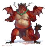  anthro belly bottomwear claws clothing collar dragon green_collar hi_res loincloth loincloth_only male muscular muscular_anthro muscular_male nipples overweight overweight_anthro overweight_male red_body red_scales scales sharp_claws sharp_teeth simple_background solo spiked_tail spikes spikes_(anatomy) steam steamy_breath tail taran_fiddler teeth were weredragon white_background white_body white_scales wings 