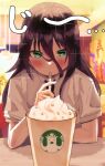  1girl arm_on_table bags_under_eyes black_hair black_necktie blurry blurry_background blush collared_shirt commentary_request cream cup disposable_cup drinking_straw drinking_straw_in_mouth elbow_on_table green_eyes hair_between_eyes hand_up highres holding holding_drinking_straw indoors kotobuki_(stealth_sendan) kuroki_tomoko long_hair looking_at_viewer necktie pov pov_across_table school_uniform shirt short_sleeves solo sound_effects sparkle starbucks table translated upper_body watashi_ga_motenai_no_wa_dou_kangaetemo_omaera_ga_warui! white_shirt 