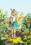  1girl absurdres animal_ears animal_on_head ankle_cuffs aqua_skirt arknights ash-c bag basket black_cat blonde_hair blue_sky cardigan cat cat_on_head day field flats flower flower_field fox_ears fox_girl fox_tail frilled_hairband frills full_body green_eyes hairband heixiu high-waist_skirt highres holding holding_flower kitsune log long_hair long_sleeves luo_xiaohei luo_xiaohei_zhanji multiple_tails neck_ribbon on_head open_cardigan open_clothes outdoors red_footwear red_ribbon ribbon scenery shirt shirt_tucked_in shoulder_bag skirt sky smile socks solo standing sunflower sunflower_field suzuran_(arknights) suzuran_(spring_praise)_(arknights) tail very_long_hair white_cardigan white_shirt white_socks yellow_flower 