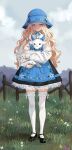  1girl black_footwear blonde_hair blue_dress blue_headwear bucket_hat carrying dress flower full_body goat grass hat highres long_hair looking_at_viewer mary_janes original oto1_030 outdoors pinafore_dress shirt shoes thighhighs very_long_hair white_shirt white_thighhighs 