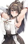  1girl ahoge armpits arms_behind_head arms_up bare_shoulders blush breasts brown_hair detached_sleeves hair_ornament hairband highres japanese_clothes kantai_collection kongou_(kancolle) large_breasts long_hair looking_at_viewer nontraditional_miko skirt solo tagme zekkyon 