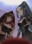  2girls absurdres bandage_on_face bandages belt black_dress black_hood black_shorts black_tank_top blue_hair brown_hair cloud collar dress dungeon_and_fighter gloves hair_tie highres ikki_the_vikki long_hair medium_hair multiple_girls necktie niu_(dungeon_and_fighter) purple_eyes red_eyes shorts sweat tank_top tongue tongue_out upper_body v_(623210842) 