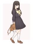  1girl 1ssakawaguchi absurdres akebi-chan_no_serafuku akebi_komichi arms_behind_back bag black_eyes black_hair black_sailor_collar black_serafuku black_skirt blunt_bangs border bow bowtie brown_bag brown_footwear from_side full_body grey_background highres holding holding_bag light_blush long_hair long_sleeves looking_at_viewer medium_skirt official_alternate_costume outside_border pleated_skirt sailor_collar school_uniform serafuku sideways_glance skirt socks solo standing two-tone_background white_background white_border white_socks yellow_bow yellow_bowtie 