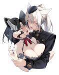  2girls after_kiss animal_ear_fluff animal_ears blue_hair blush breasts deathalice facial_mark final_fantasy final_fantasy_xiv grey_hair highres large_breasts miqo&#039;te multiple_girls open_mouth red_eyes saliva saliva_trail teeth tongue upper_teeth_only warrior_of_light_(ff14) whisker_markings yellow_eyes yuri 