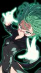  1girl absurdres aura black_background black_dress breasts curly_hair dress flipped_hair floating floating_clothes green_eyes green_hair highres joker_d_chaos levitation long_sleeves looking_at_viewer no_panties one-punch_man petite side_slit simple_background small_breasts solo tatsumaki telekinesis 