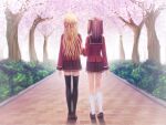  2girls 400 amishiro_anna black_bow black_thighhighs blonde_hair bow brown_footwear brown_hair brown_sailor_collar brown_skirt from_behind game_cg hair_bow jacket kanojo_to_kanojo_to_watashi_no_nananichi kneehighs loafers long_hair long_sleeves miniskirt multiple_girls orihara_ayako outdoors pleated_skirt red_jacket sailor_collar school_uniform shoes skirt socks spring_(season) thighhighs twintails very_long_hair walking white_socks zettai_ryouiki 