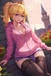  1girl alternate_costume bird black_thighhighs blonde_hair blue_eyes blue_shorts breasts bulge bush castle casual cleavage closed_mouth cloud commentary crown drawstring earrings english_commentary european_architecture exlic flower futanari highres hood hood_down hoodie implied_futanari jewelry large_breasts lips mario_(series) outdoors pink_hoodie ponytail princess_peach red_flower red_rose rose short_shorts shorts sitting sky solo thighhighs thighs zipper 