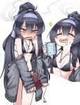  1girl @_@ black_hair blue_archive blush book breasts collarbone cup drooling fey_(whitepaper) full-face_blush grey_jacket halo headband high_ponytail highres holding holding_book holding_cup jacket long_hair looking_at_viewer mug off_shoulder purple_headband small_breasts sweat ui_(blue_archive) ui_(swimsuit)_(blue_archive) very_long_hair 