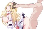  1boy 1girl ahoge bent_over blonde_hair breasts clothed_female_nude_male english_commentary from_side hetero hololive horn_grab horns hot_vr large_breasts long_hair nude purple_eyes sex sex_from_behind sheep_horns standing standing_sex tsunomaki_watame virtual_youtuber 