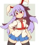  1girl animal_ears black_thighhighs blue_skirt closed_mouth collared_shirt commentary cowboy_shot grey_background hand_on_own_hip haruirokomici highres long_hair long_sleeves looking_at_viewer necktie pleated_skirt purple_hair rabbit_ears rabbit_girl red_eyes red_necktie reisen_udongein_inaba shirt simple_background skirt smile solo thighhighs touhou v-shaped_eyebrows white_shirt 