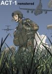  airborne aircraft c-130_hercules camouflage camouflage_pants commentary_request english_text etmc1992 gloves grass headset helmet highres load_bearing_vest military military_vehicle original pants parachute sky tactical_clothes transport_plane 