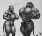  abs anthro balls big_breasts big_muscles breast_size_difference breasts duo erect_nipples erection felid female genitals greyscale holding_breast holding_pecs huge_breasts huge_muscles hyper hyper_muscles hyper_pecs jugg4 larger_male lion male male/female mammal mane monochrome musclegut muscular muscular_female muscular_male nipples nude open_mouth pantherine size_difference teasing thick_thighs 