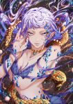  1girl absurdres bikini blue_bikini blue_eyes breasts cleavage closed_mouth gem grey_hair highres jewelry long_hair looking_at_viewer necklace original small_breasts snake solo swimsuit twintails watawata_nr_(siroraku) 