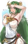  1girl arm_over_head arm_up armpits bare_arms bare_shoulders blue_background blush border breasts chiton circlet clothes_lift collarbone dress green_eyes green_hair highres jewelry kid_icarus kid_icarus_uprising large_breasts laurel_crown long_hair monoi_daru neck_ring palutena parted_bangs pendant side_slit solo steaming_body strapless strapless_dress sweat translation_request very_long_hair white_border white_dress 