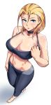  1girl absurdres arm_at_side barefoot blonde_hair blue_eyes bra_tug breasts cammy_white choker cleavage collarbone dracksart eyelashes from_above gym_pants highres large_breasts lips looking_at_viewer navel pants perspective scar scar_on_face simple_background sports_bra stomach street_fighter street_fighter_6 sweat white_background 