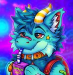 2023 abstract_background anthro backpack collar dragon drinking drinking_straw english_text fur furred_dragon headshot_portrait horn kovied male portrait solo text 