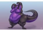  2022 2_horns anthro biglovealicia black_body claws digital_media_(artwork) digitigrade dragon hi_res horn huge_belly looking_at_viewer male moobs morbidly_obese morbidly_obese_male multicolored_body obese obese_male overweight overweight_male purple_body purple_claws purple_eyes purple_horn scalie signature simple_background solo tail thick_arms thick_tail 