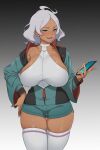  1girl ahoge aqua_eyes asticassia_school_uniform blush breasts cellphone covered_collarbone cowboy_shot curvy dark-skinned_female dark_skin gradient_background green_eyes green_jacket green_shorts gundam gundam_suisei_no_majo hair_tuft halter_shirt halterneck hand_on_own_hip huge_breasts jacket leotard medium_hair open_mouth partially_unzipped phone school_uniform secelia_dote short_shorts shorts sideboob simple_background skindentation smartphone smile smug solo thick_thighs thigh_gap thighhighs thighs tianzhong_zhongtian white_hair white_leotard white_nails white_thighhighs 