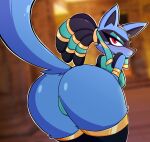  2023 anthro big_butt blue_body blue_fur butt clothed clothing female fur generation_4_pokemon hi_res lucario nelljoestar nintendo pokemon pokemon_(species) pokemon_unite presenting presenting_hindquarters red_eyes solo 