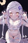  1girl :q bandages black_background closed_mouth cocozasa fingernails flat_chest halloween heart hololive looking_at_viewer medium_hair murasaki_shion nail_polish naked_bandage navel purple_nails simple_background smile solo tongue tongue_out virtual_youtuber white_hair yellow_eyes 