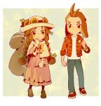  1boy 1girl :&lt; absurdres ace_attorney animal_ears antenna_hair apollo_justice apollo_justice_(stylin&#039;_street_clothes) arm_at_side badge blue_pants blush bow bowtie bracelet braid brown_eyes brown_hair button_badge capelet closed_mouth dog_ears dog_girl dress fingerless_gloves floppy_ears flower forked_eyebrows full_body gloves green_footwear grey_background habu_(seiho_1334) hair_ornament hand_on_own_chin hand_up hat hat_flower highres holding holding_strap hood hooded_jacket jacket jewelry juniper_woods kemonomimi_mode knitting_needle leaf_hair_ornament long_dress long_hair long_sleeves needle open_clothes open_jacket pants phoenix_wright:_ace_attorney_-_dual_destinies pink_dress red_footwear red_jacket shirt shoes short_hair sidelocks simple_background sleeves_rolled_up sneakers sunflower twin_braids very_long_hair wavy_hair white_capelet white_gloves white_shirt yellow_bow yellow_bowtie yellow_headwear 