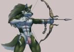  2023 abs absurd_res anthro anthrofied arrow_(weapon) balls blue_eyes bow_(weapon) canid canine canis ear_piercing ear_ring flaccid fur genitals hi_res humanoid_genitalia humanoid_penis link_(wolf_form) male mammal muscular muscular_anthro muscular_male nintendo nipples nude penis piercing ranged_weapon ring_piercing simple_background solo sonicinmind the_legend_of_zelda weapon wolf 