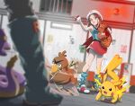  1boy 1girl absurdres blurry blurry_foreground brown_hair commentary ekans farfetch&#039;d green_shirt hand_up hat highres holding holding_poke_ball holding_pokemon keeno-ringo46 knees leaf_(pokemon) long_hair loose_socks pikachu poke_ball poke_ball_(basic) pokemon pokemon_(creature) pokemon_(game) pokemon_frlg red_skirt shirt shoes skirt sleeveless sleeveless_shirt socks team_rocket team_rocket_grunt team_rocket_uniform vulpix white_footwear white_headwear 