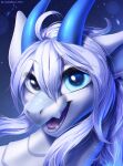  bloominglynx blue_eyes blue_horn dragon fangs female feral glistening glistening_eyes hair horn long_neck looking_at_viewer open_mouth scales semi-anthro solo star teeth white_body white_hair white_scales 