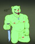  absurd_res anthro bear bodily_fluids dog_tags flippy_(htf) foreskin fur genital_fluids genitals green_body green_fur happy_tree_friends hi_res kneeling knife looking_at_viewer male mammal mckodimus musclegut nipples penis precum scar sitting solo tongue tongue_out yellow_eyes 