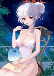  1girl absurdres ash_(cat7evy) blue_archive braid breasts chair collarbone covered_navel demon_wings food grey_hair halo haruna_(blue_archive) highres holding holding_spoon large_breasts long_hair looking_at_viewer night night_sky official_alternate_costume one-piece_swimsuit red_eyes shaved_ice single_braid sitting sky smile solo spoon swimsuit white_one-piece_swimsuit wings 