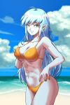  1girl abs aeos_(dragon_ball) alternate_costume bare_shoulders beach bikini blue_eyes blue_hair blue_nails blue_skin breasts cloud colored_skin commission cowboy_shot dragon_ball dragon_ball_heroes earrings english_commentary fingernails grabbing_own_breast highres jewelry large_breasts long_hair looking_at_viewer navel ocean outdoors pea-bean pointy_ears potara_earrings second-party_source sky smile solo standing swimsuit water yellow_bikini 