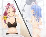  2girls absurdres animal_ears bangom_r bathroom black_bra black_pants blue_hair bra breasts brushing_teeth cleavage convenient_censoring heterochromia highres hololive houshou_marine indoors large_breasts morning multiple_girls navel nude pants rabbit_ears red_eyes showering skull_cup steam steam_censor strap_slip thick_eyebrows underwear underwear_only usada_pekora yellow_eyes 