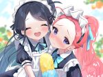  2girls :d ^_^ apron aris_(blue_archive) aris_(maid)_(blue_archive) black_dress black_hair blue_archive blue_bow blurry blurry_background blush bow closed_eyes closed_mouth collared_dress commentary_request day depth_of_field dress forehead frilled_apron frills hair_bow highres long_hair maid maid_apron maid_headdress masshirokachi multiple_girls outdoors parted_bangs ponytail puffy_short_sleeves puffy_sleeves purple_eyes red_hair short_sleeves smile swept_bangs very_long_hair white_apron yuzu_(blue_archive) yuzu_(maid)_(blue_archive) 
