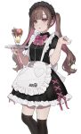  1girl apron barcode black_socks blunt_bangs bow brown_hair cropped_legs cross-laced_clothes cross-laced_dress daluto_(hitomi555) food highres holding holding_tray ice_cream kneehighs looking_at_viewer maid maid_apron maid_headdress multicolored_hair original parted_bangs pink_bow pink_eyes pink_hair pink_nails sidelocks socks standing sundae tray twintails white_background 