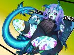  1girl antennae bulletproof_vest colored_skin cuffs english_text fangs full_body highres horns long_tail looking_at_viewer monster_girl mucus original pointy_ears purple_eyes purple_hair ryuu_tou sea_slug_girl shackles shadow tail thighs white_skin 